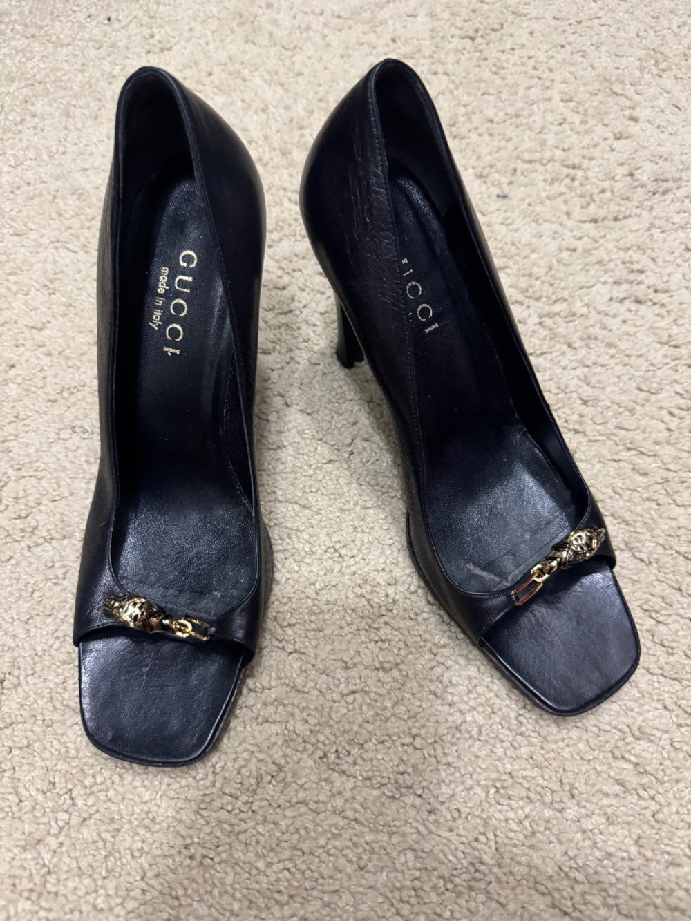 Vintage Gucci Tom Ford Era Panther Horsebit Peep Toe Heels Black Leather Pumps